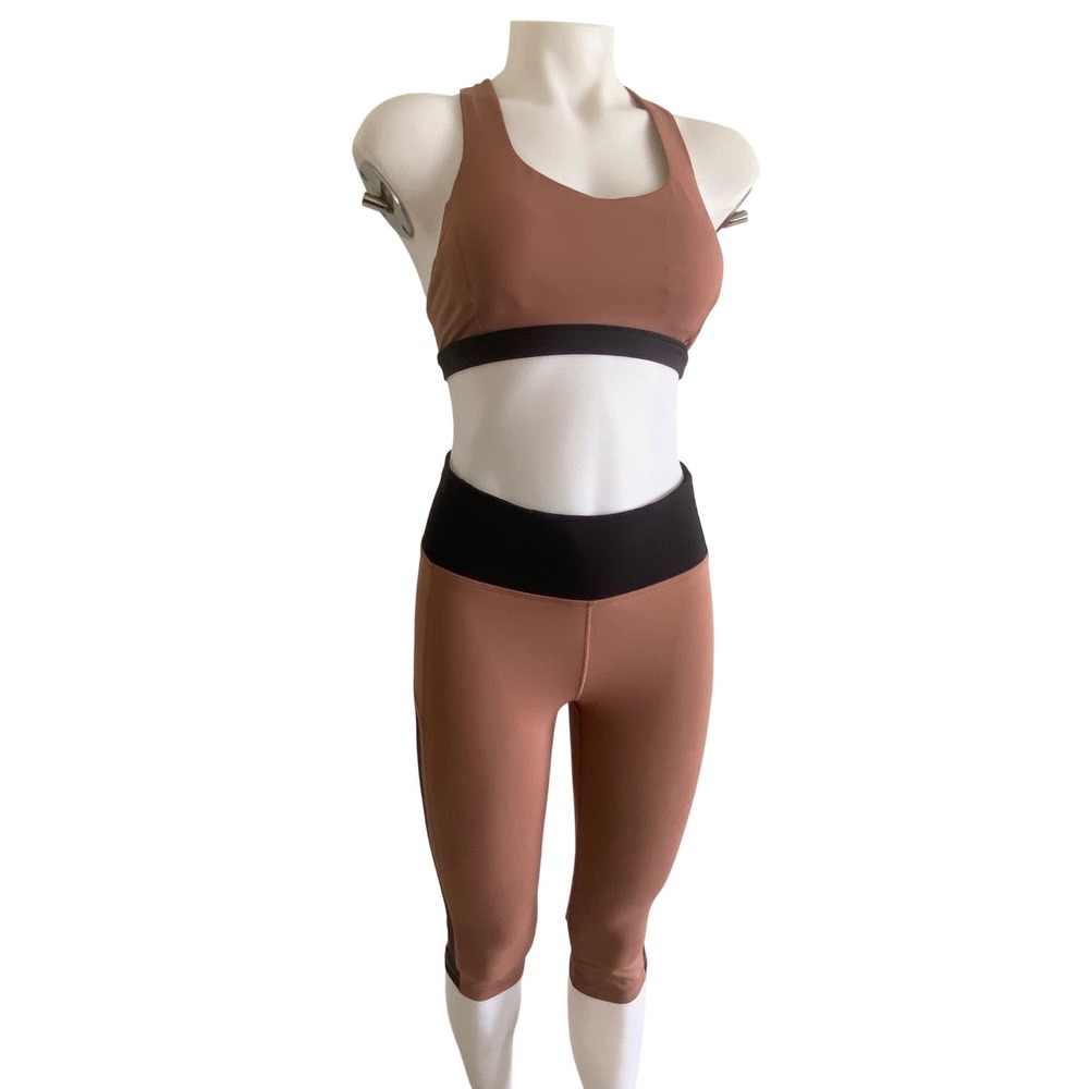 Lululemon‎ Women Brown Black Strappy Sports Bra and Mesh Crop Leggings Set